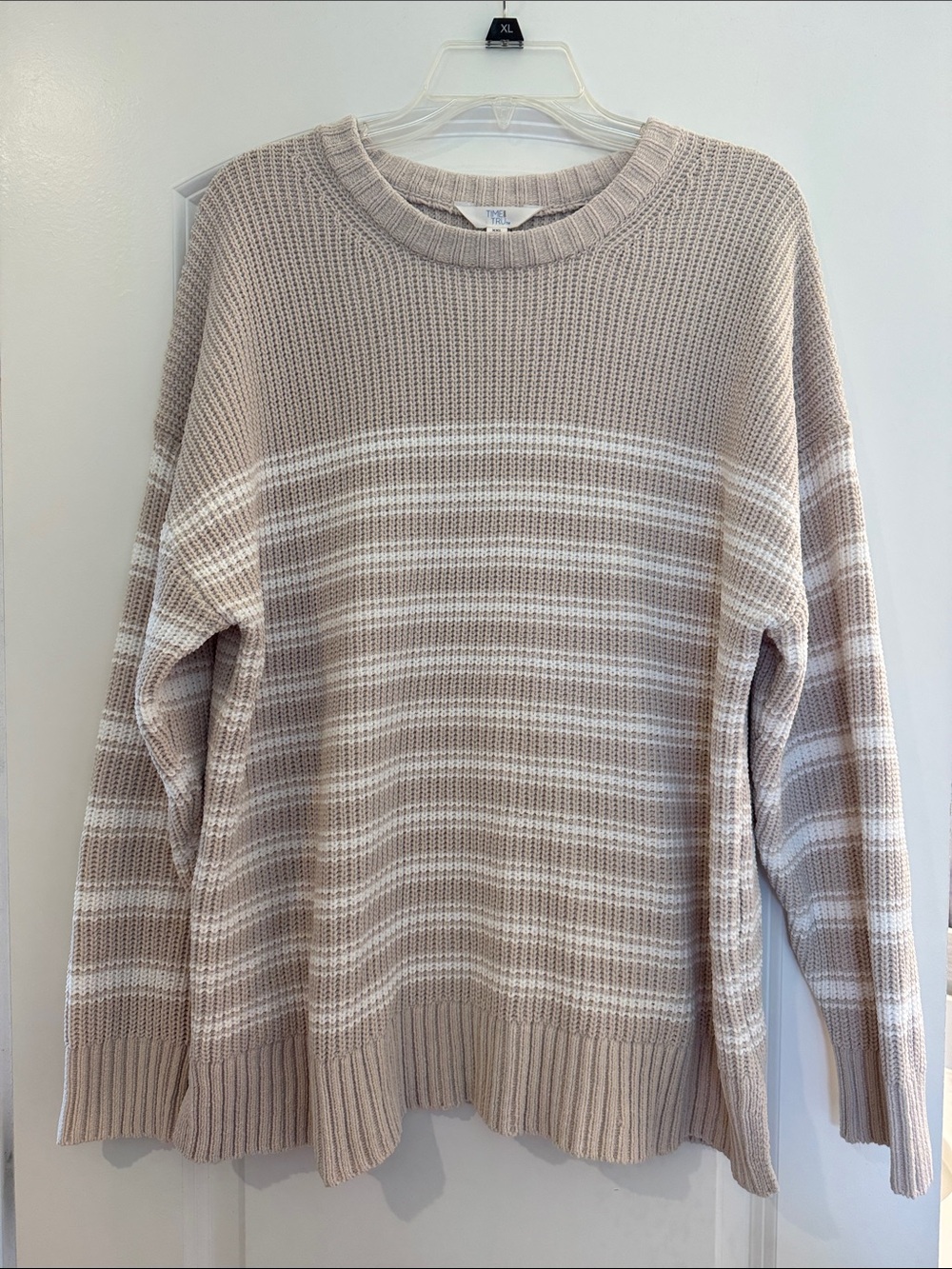 Time and Tru Beige and White Striped Waffle-Knit Crewneck Sweater